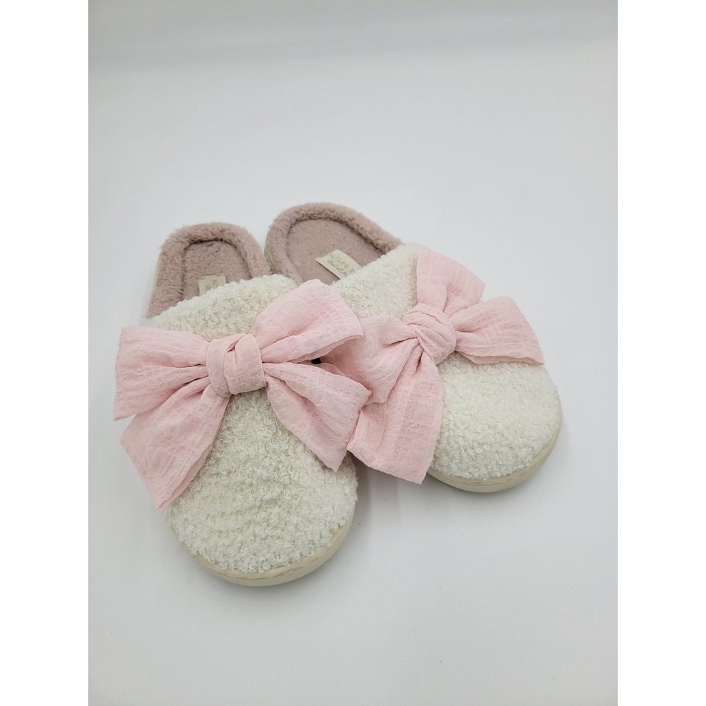 Altar'd State Womens Sherpa Slippers Pink Bow Faux Fur Cream M 7/8 House Shoes